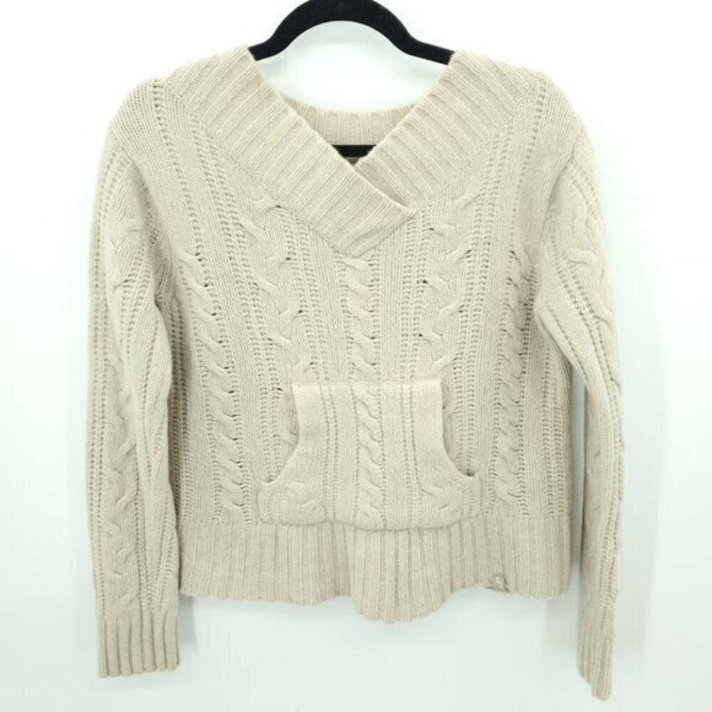 Eastern Mountain Sports Lambswool Cablenit V-Neck Sweater w/Hand Pocket L Tan